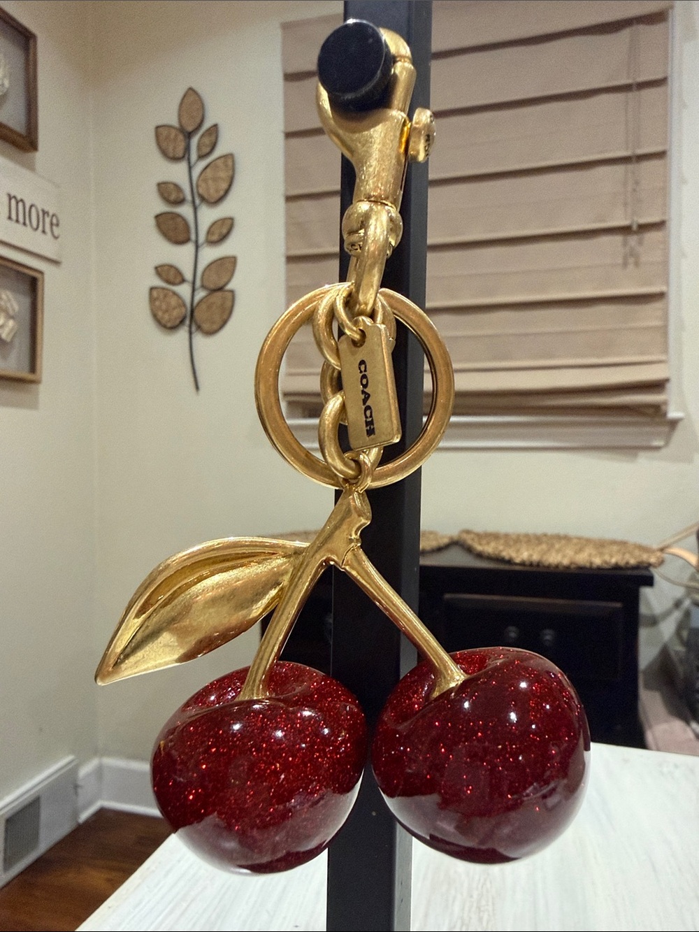 Coach Gold-Tone Red Glitter Cherry Bag Charm Keychain